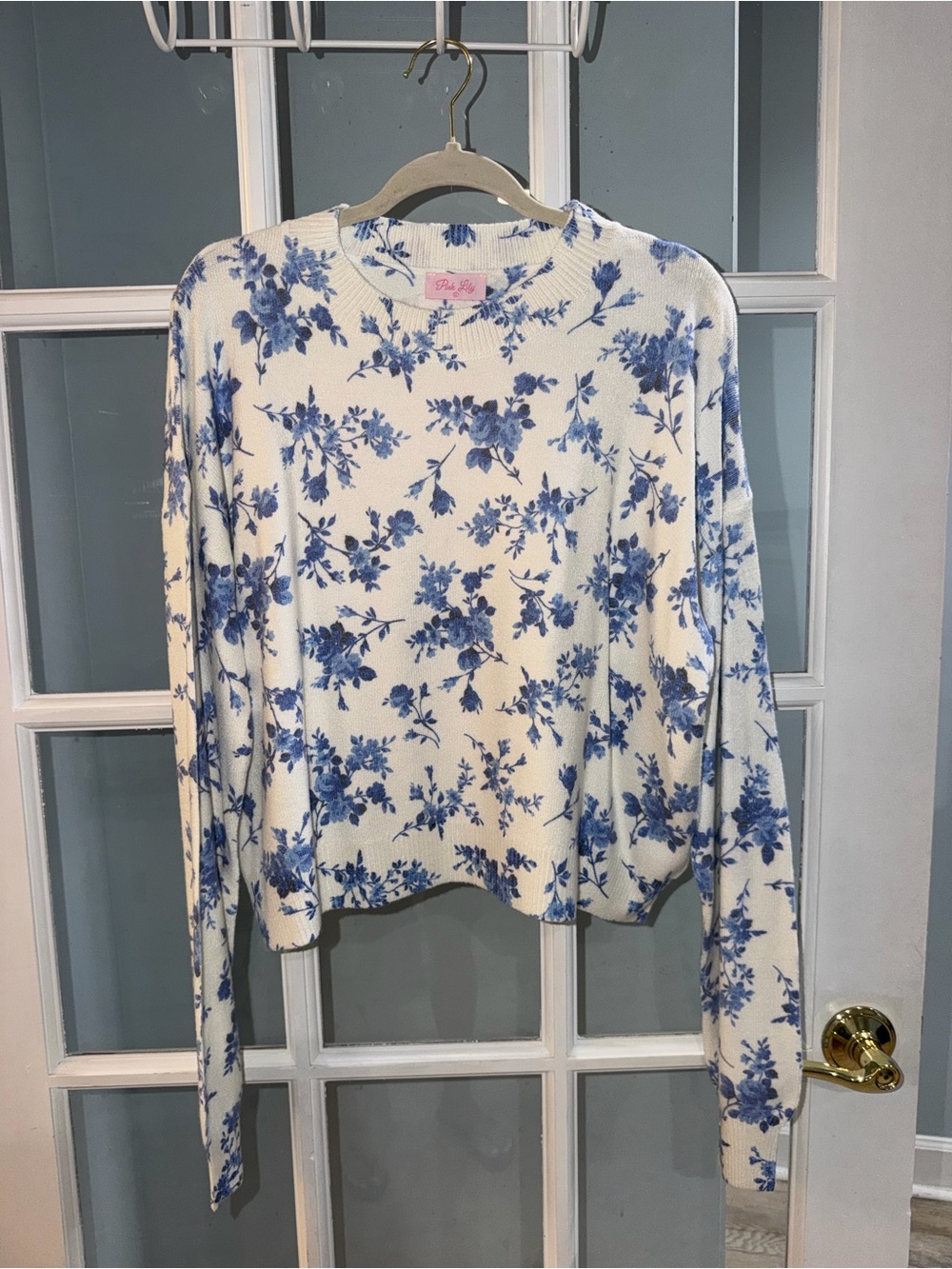 Women's Sweater Chinoiserie Toile Blue White Crewneck Top Prairie Cottage XL New